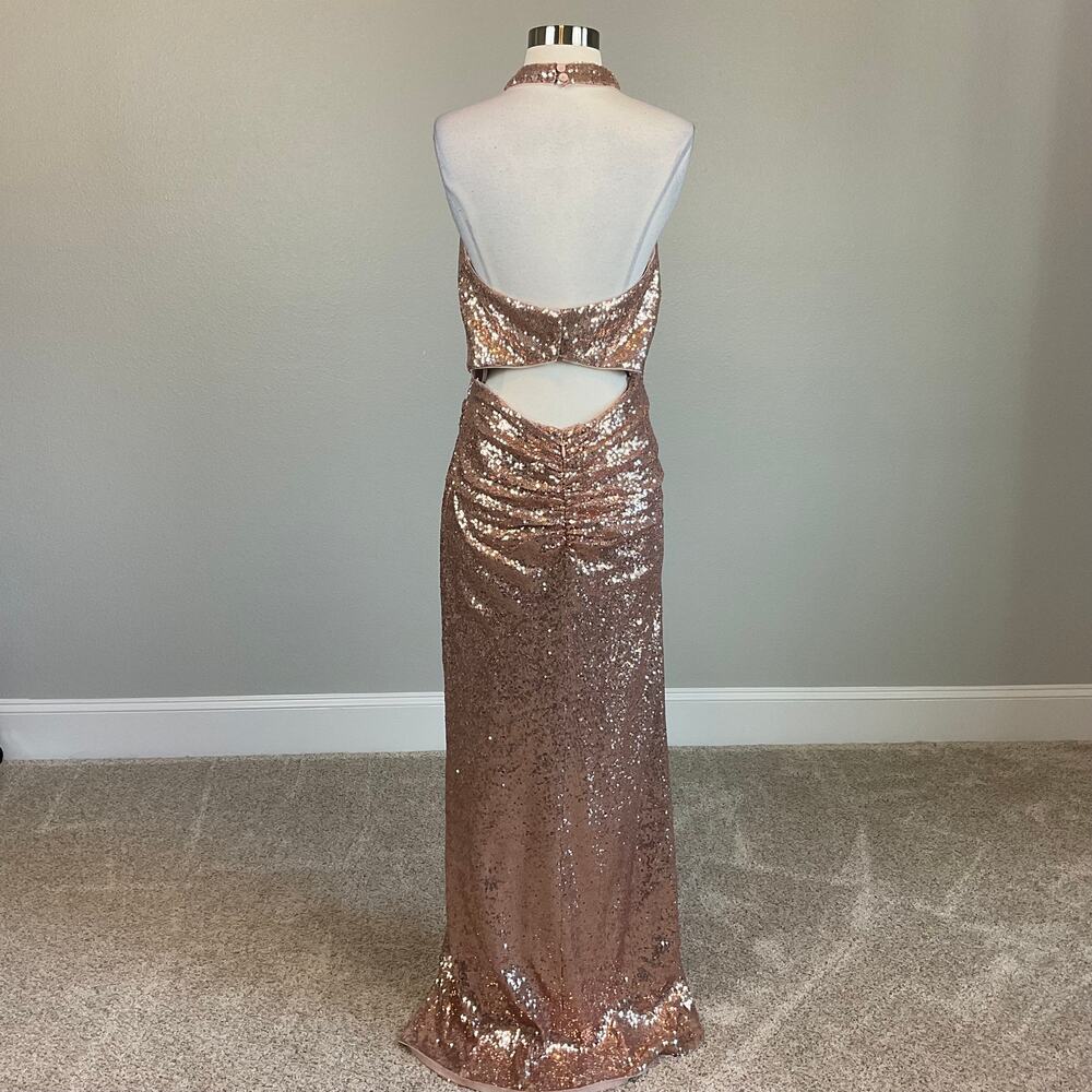 AQUA Rose Gold Column Gown Sequined Backless Cut Out Halter Dress Size Medium - Picture 3 of 13